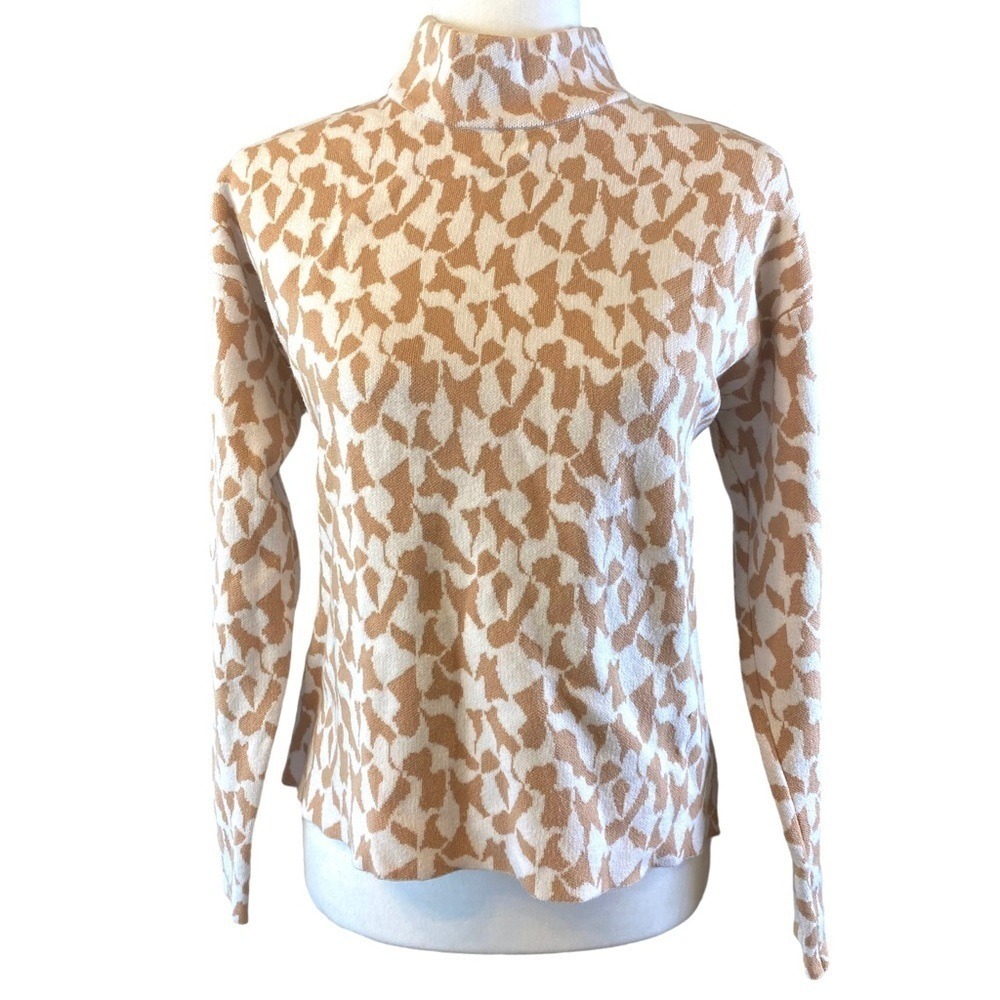 Philosophy Womens Medium Mock Neck Sweater Tan Cream Abstract Print Soft Knit
